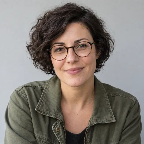 Curly-haired woman with glasses and a green jacket, input for the right partner